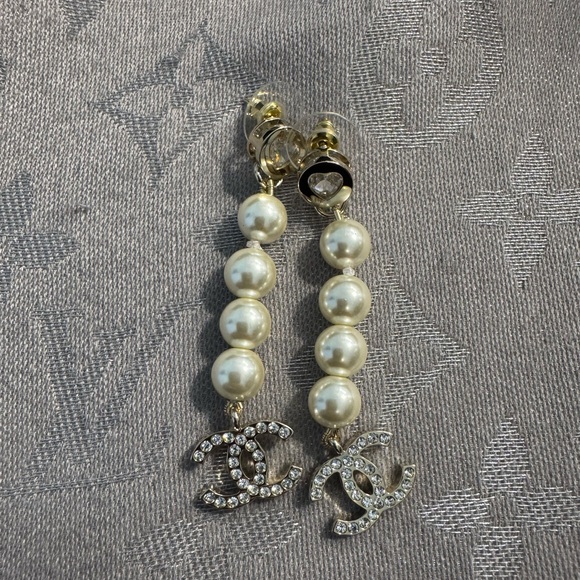 CHANEL Gold and White Pearl Logo Drop Crystal Earrings - Picture 1 of 6